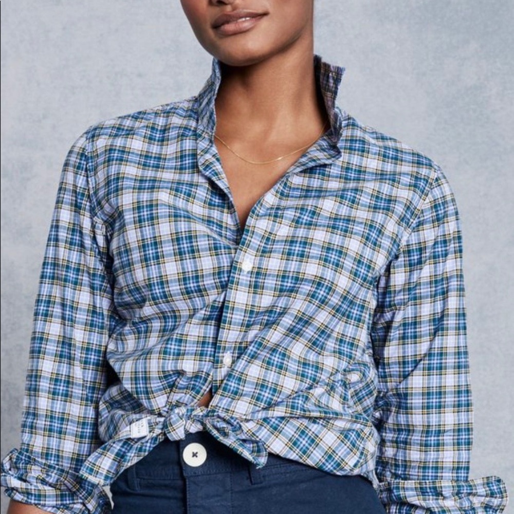 Frank & Eileen Frank Classic Cotton Poplin Shirt - Slate Blue/Green Plaid, XS